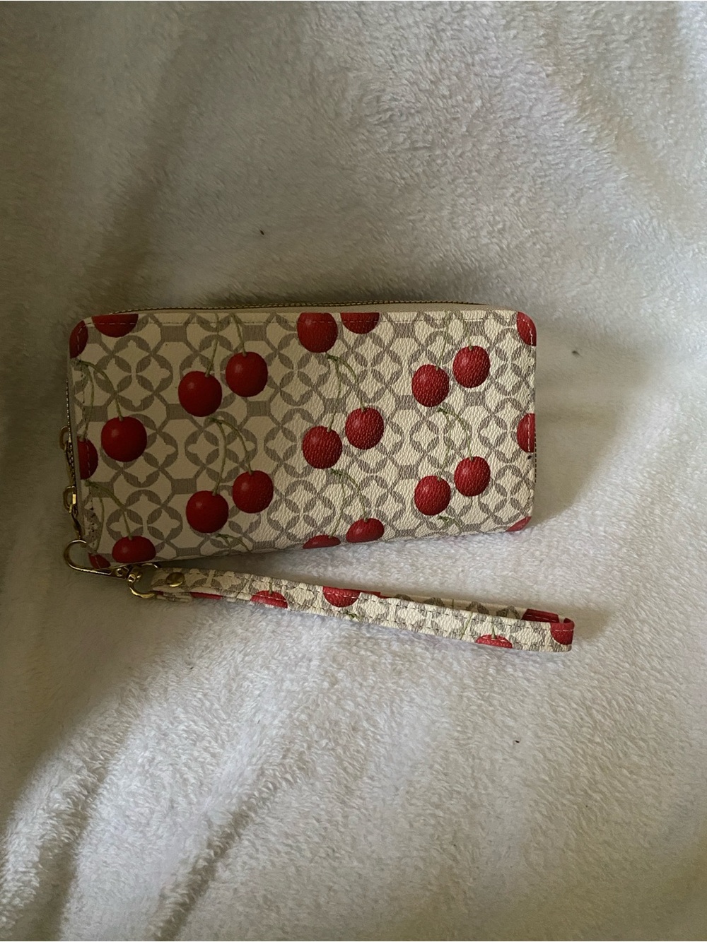 Cream Wristlet Phone Case with Red Cherry Pattern